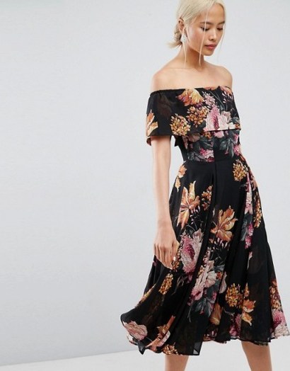 ASOS Bardot Midi Dress in Floral Print | off shoulder party dresses - flipped