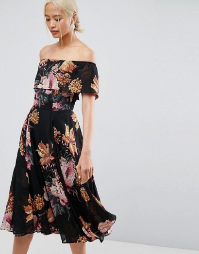 ASOS Bardot Midi Dress in Floral Print | off shoulder party dresses