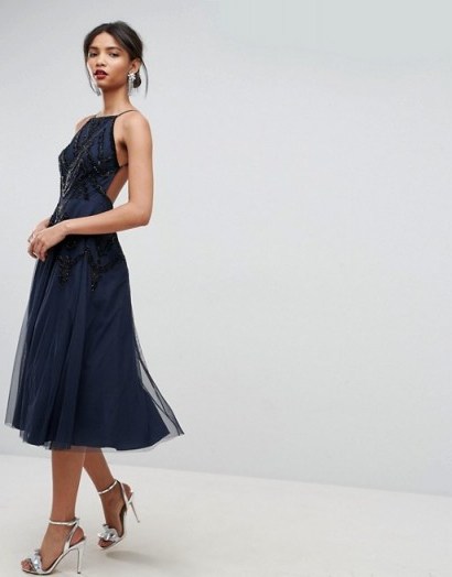 ASOS Beautiful Beaded Cami Backless Midi Dress | navy-blue floaty evening dresses - flipped