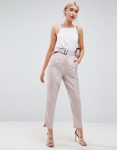ASOS Belted Trouser In Pastel Sheen | pink tapered leg trousers - flipped