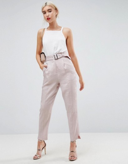 ASOS Belted Trouser In Pastel Sheen | pink tapered leg trousers