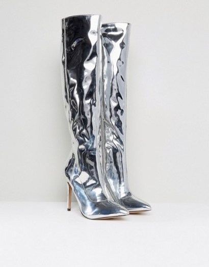 ASOS CAIDEN Pointed Knee High Boots – shiny silver metallic - flipped