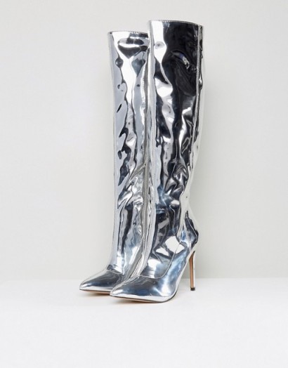 ASOS CAIDEN Pointed Knee High Boots – shiny silver metallic