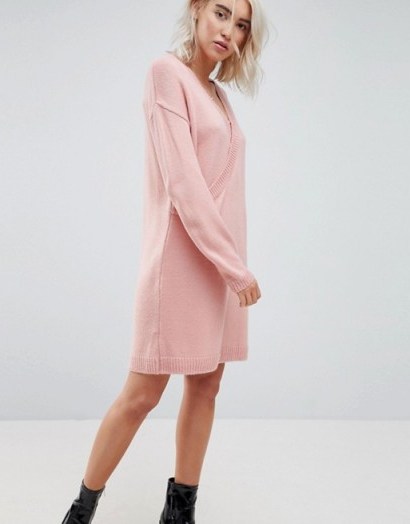 ASOS Chunky Knitted Dress with Wrap Detail – nude-pink jumper dresses - flipped