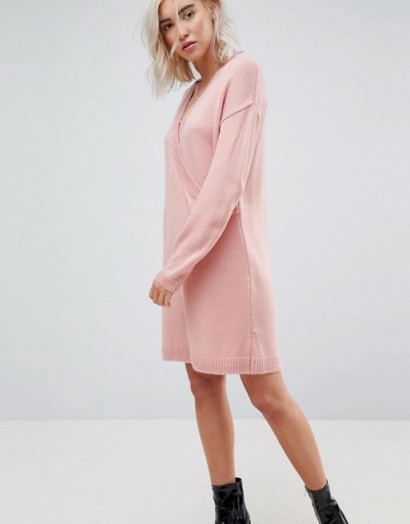 ASOS Chunky Knitted Dress with Wrap Detail – nude-pink jumper dresses