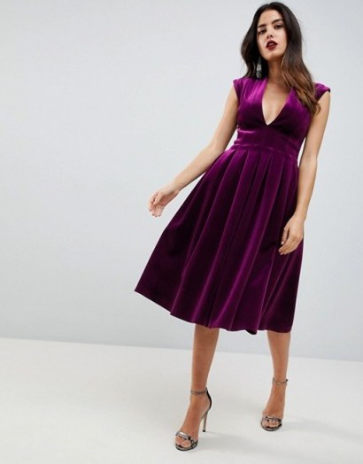 ASOS Deep Plunge Bonded Velvet Prom Midi Dress | purple plunging party dresses | open back - flipped