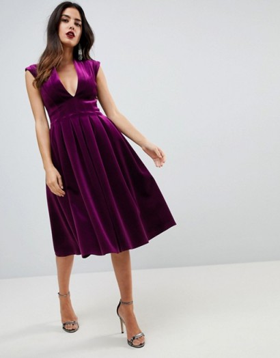 ASOS Deep Plunge Bonded Velvet Prom Midi Dress | purple plunging party dresses | open back