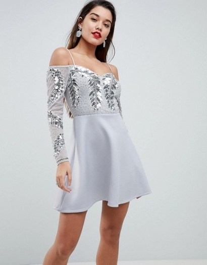 ASOS Embellished Cold Shoulder Skater Mini Dress – silver party dresses - flipped