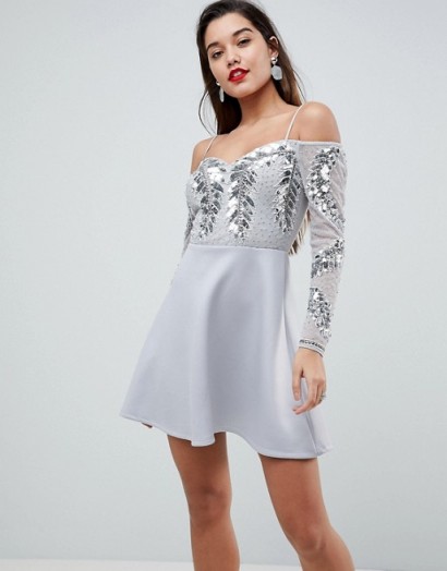 ASOS Embellished Cold Shoulder Skater Mini Dress – silver party dresses
