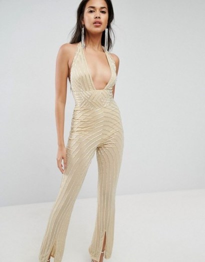 ASOS Embellished Jumpsuit with Halter and Plunge Detail | deep plunging halterneck jumpsuits | party style - flipped