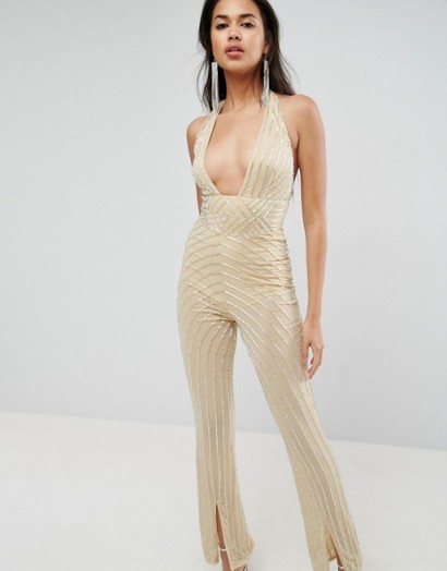 ASOS Embellished Jumpsuit with Halter and Plunge Detail | deep plunging halterneck jumpsuits | party style