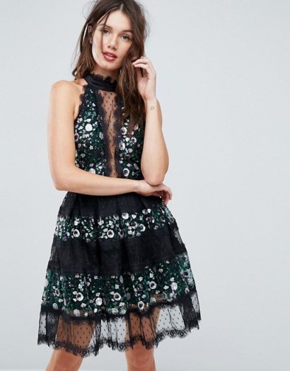 ASOS Embellished Mix Lace Panelled Tulle Mini Dress | black semi sheer occasion dresses | party princess - flipped