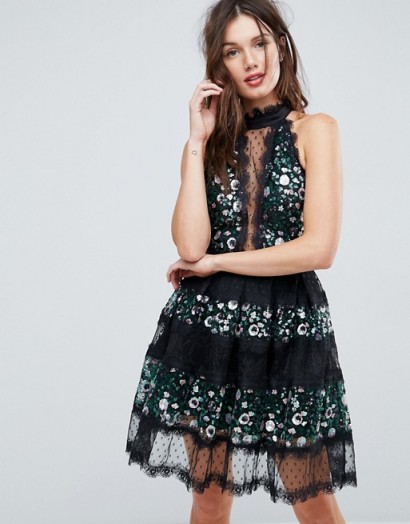 ASOS Embellished Mix Lace Panelled Tulle Mini Dress | black semi sheer occasion dresses | party princess