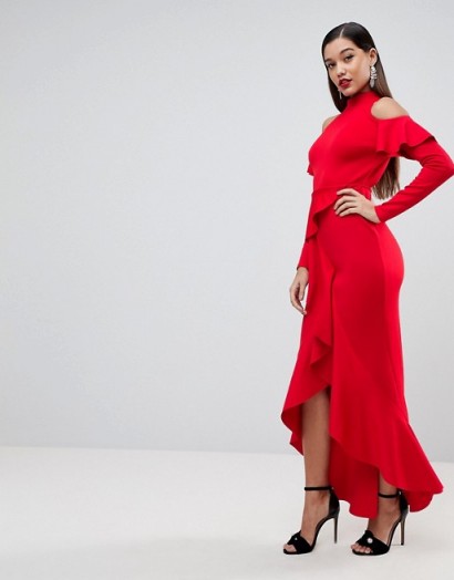 ASOS Extreme Ruffle Open Back Maxi Dress | red open back dresses