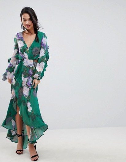 ASOS Floral Print Ruffle Maxi Dress | long green ruffled open black dresses - flipped
