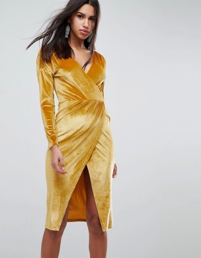 ASOS Gold Velvet Wrap Midi Dress