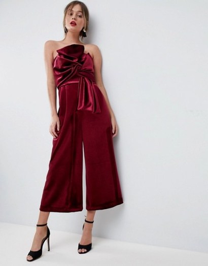 ASOS Jumpsuit with Knot and Drape Detail in Velvet | burgundy jumpsuits | strapless party fashion - flipped