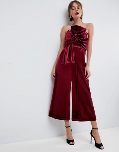 ASOS Jumpsuit with Knot and Drape Detail in Velvet | burgundy jumpsuits | strapless party fashion