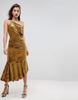 ASOS One Shoulder Velvet Drop Hem Midi Dress – gold party dresses – luxe evening fashion