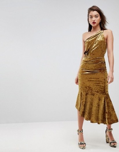 ASOS One Shoulder Velvet Drop Hem Midi Dress – gold party dresses – luxe evening fashion - flipped