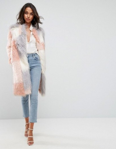 ASOS Patched Faux Fur Mongolian Coat ~ shaggy luxe style pink coats - flipped
