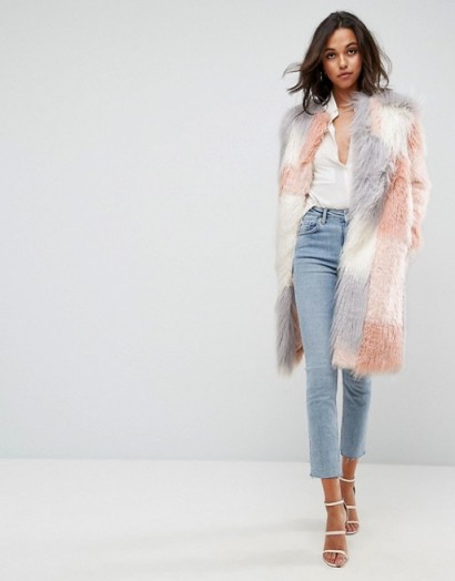 ASOS Patched Faux Fur Mongolian Coat ~ shaggy luxe style pink coats