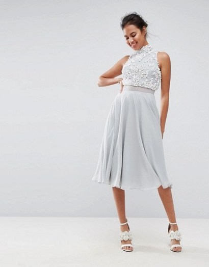 ASOS Pearl Embellished Crop Top Midi Skater Dress ~ pale blue party dresses ~ luxe style fit and flare - flipped