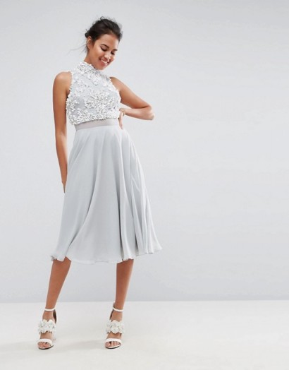 ASOS Pearl Embellished Crop Top Midi Skater Dress ~ pale blue party dresses ~ luxe style fit and flare