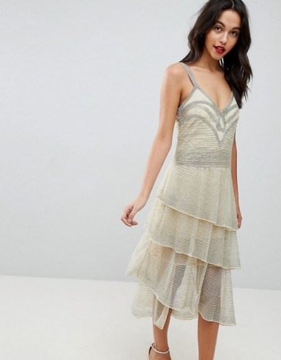 ASOS RED CARPET All Over Beaded Flapper Midi Dress | cream tiered party dresses - flipped