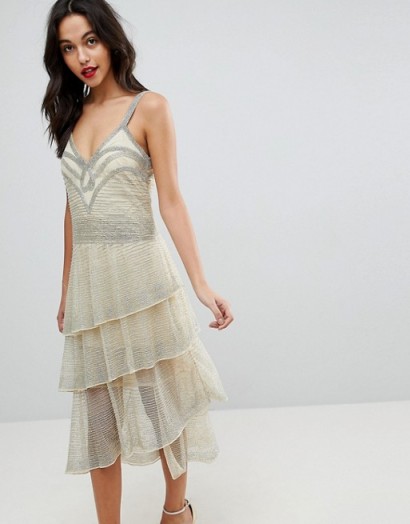 ASOS RED CARPET All Over Beaded Flapper Midi Dress | cream tiered party dresses