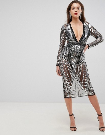 ASOS RED CARPET Geo Embellished Panelled Cut Out Back Midi Dress ~ silver metallic party dresses ~ glamorous style evening fashion