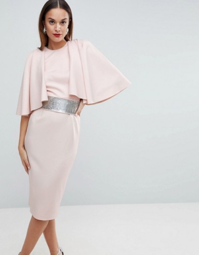 ASOS RED CARPET Statement Sleeve Midi Scuba Dress with Detachable Diamante Belt | nude-pink evening dresses | wide sleeved | open back