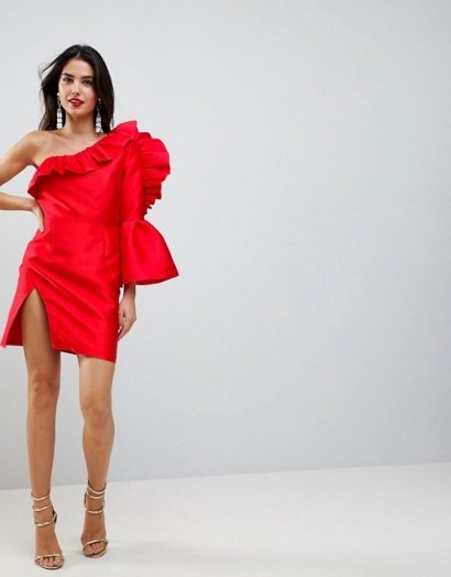 ASOS Ruffle One Shoulder Cocktail Mini Dress | red ruffled front slit dresses - flipped