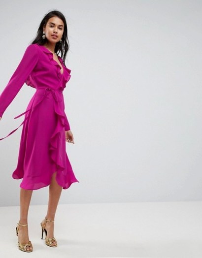 ASOS Ruffle Wrap Midi Dress Magenta ~ hot pink dresses ~ plunge front ~ cut out back - flipped