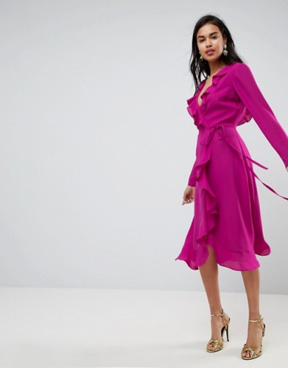 ASOS Ruffle Wrap Midi Dress Magenta ~ hot pink dresses ~ plunge front ~ cut out back