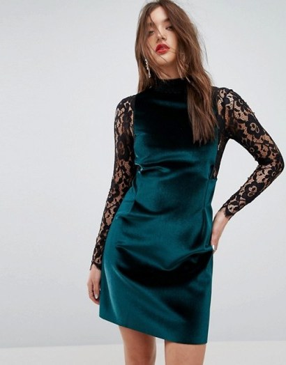 ASOS Velvet & Lace Long Sleeve Mini Shift Dress | semi sheer party dresses - flipped