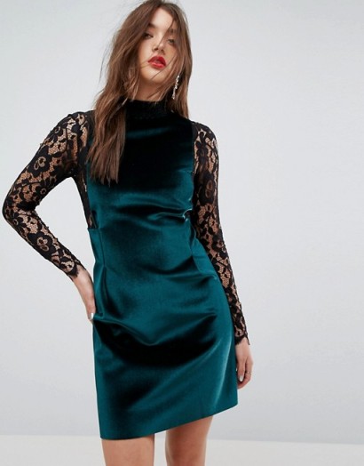 ASOS Velvet & Lace Long Sleeve Mini Shift Dress | semi sheer party dresses