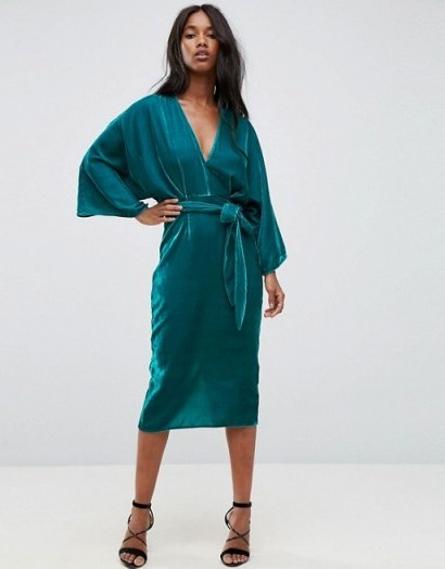 ASOS Velvet Plunge Kimono Midi Dress with Tie Waist | turquoise plunging dresses | oriental style wide sleeves - flipped