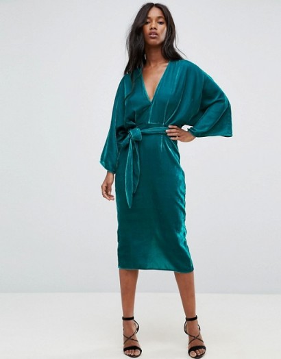 ASOS Velvet Plunge Kimono Midi Dress with Tie Waist | turquoise plunging dresses | oriental style wide sleeves