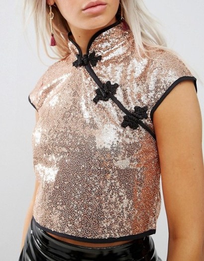 ASOS PETITE Sequin Chinoiserie Top with Mandarin Collar | glittering oriental style tops - flipped