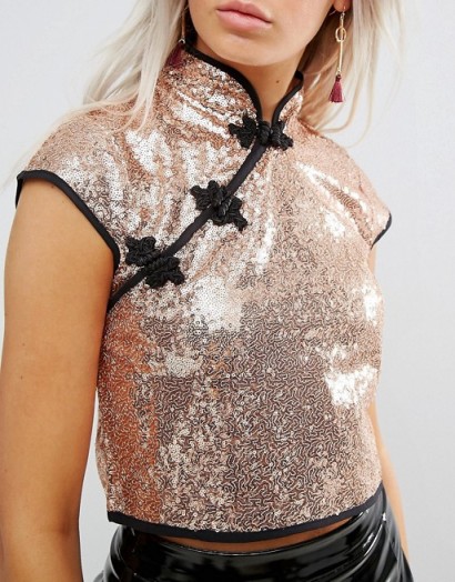 ASOS PETITE Sequin Chinoiserie Top with Mandarin Collar | glittering oriental style tops