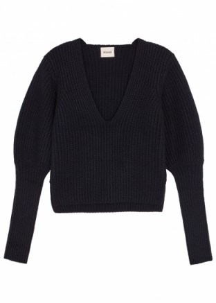 KHAITE Aurora chunky-knit cashmere jumper ~ navy deep V neckline jumpers - flipped