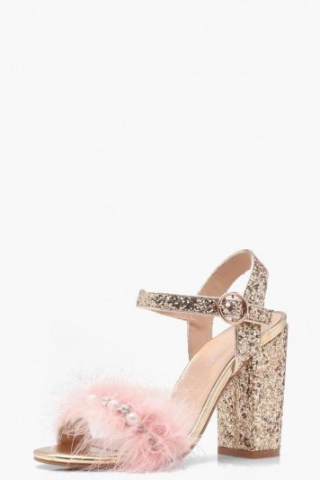 boohoo Ava Glitter and Feather Detail Heels – glittering party shoes - flipped
