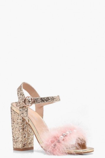 boohoo Ava Glitter and Feather Detail Heels – glittering party shoes