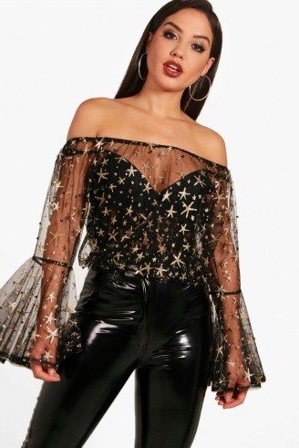 boohoo Ava Off The Shoulder Glitter & Pearl Embellished Top – sheer bardot tops – party fashion - flipped