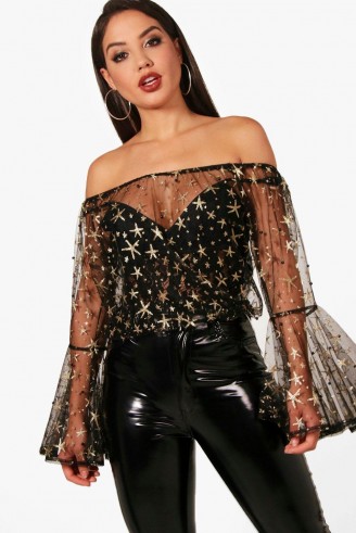 boohoo Ava Off The Shoulder Glitter & Pearl Embellished Top – sheer bardot tops – party fashion