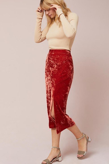 Maeve Barkley Velvet Midi Skirt / straight pink pencil skirts / day luxe - flipped