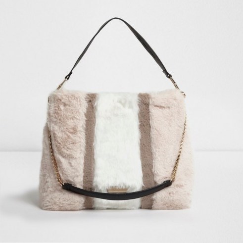 River Island Beige block colour faux fur chain handle bag – fluffy bags - flipped