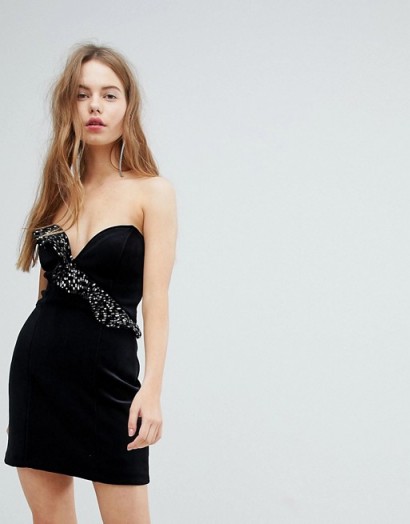Bershka Velvet Shimmer Frill Asymmetric Dress | black strapless party dresses | LBD