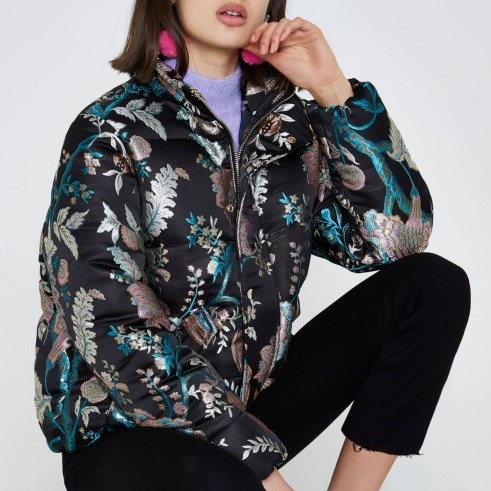 River Island Black floral jacquard puffer jacket ~ metallic print jackets - flipped